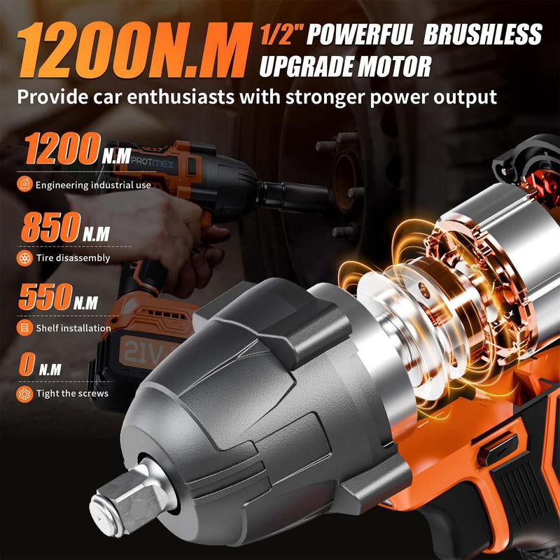 Cordless Impact Wrench, 1200N.M 1/2" Brushless Impact Gun, 21V High Torque Power Impact Driver, for Family Car/Pickup Truck/Mower M Torque Compact Cordless Impact Driver Half Inch Drive Complete Kit Brushless Impact Gun Air Wrench M Power Impact Gun